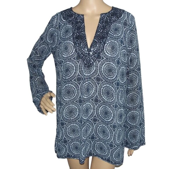 Michael Kors Tunic Blouse Womens Size Medium blue sequin geometric print v-neck - Picture 1 of 11